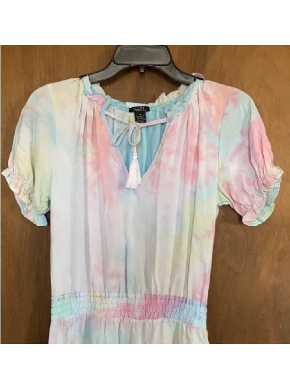 Rue21 dress puff sleeve pastel tie dye w tassel tie boho festival western S jrs - Picture 13 of 17